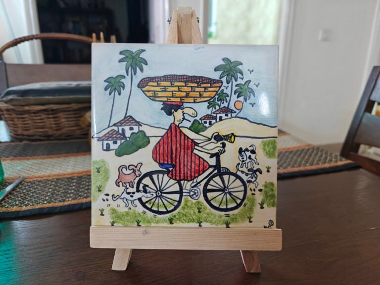 Depiction of poder on a handcrafted Goan Azulejos tile